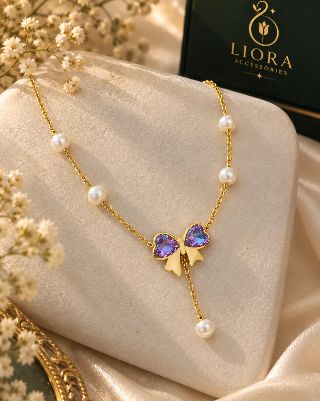 Bow Heart Pearl Necklace
