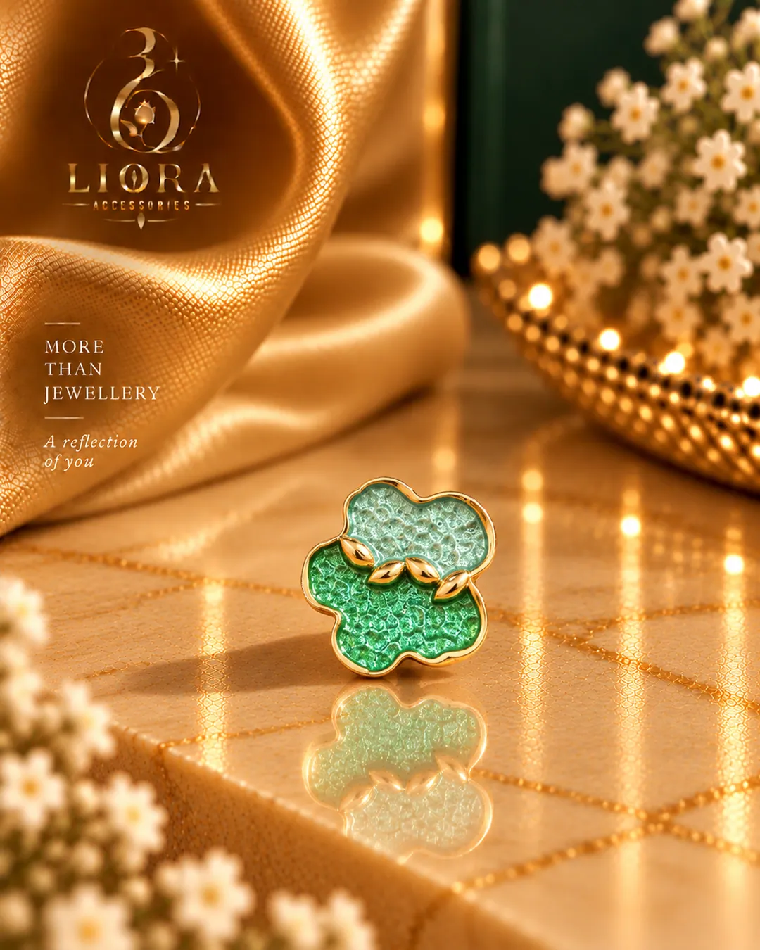 Green Enamel Clover Ring