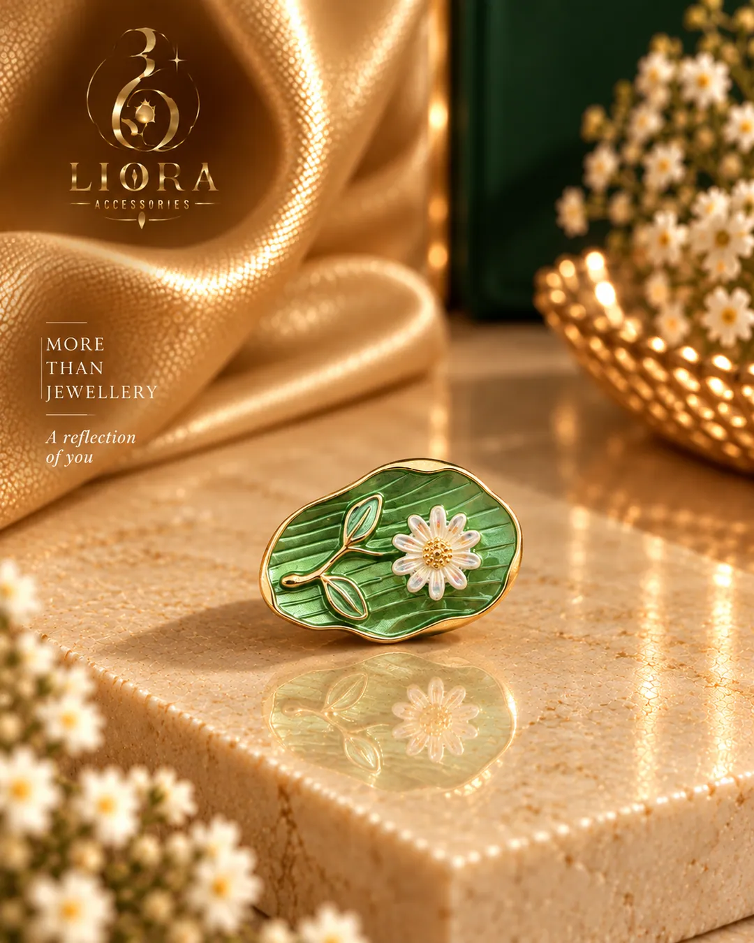 Green Enamel Daisy Ring