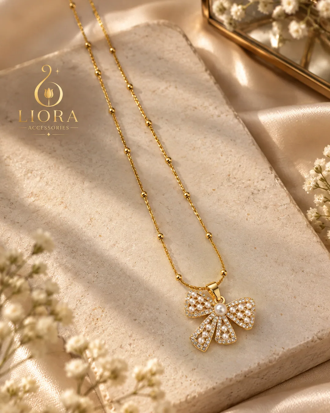 Pearl Crystal Bow Necklace