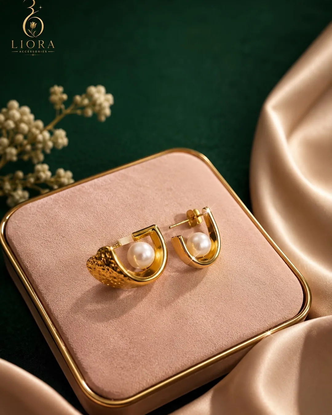 Pearl Hammered Hoop Earrings