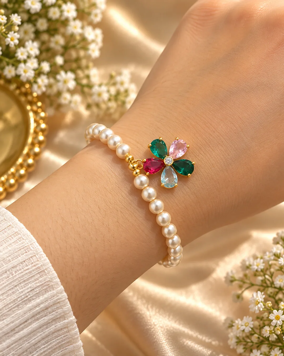 Pearl Rainbow Clover Bracelet