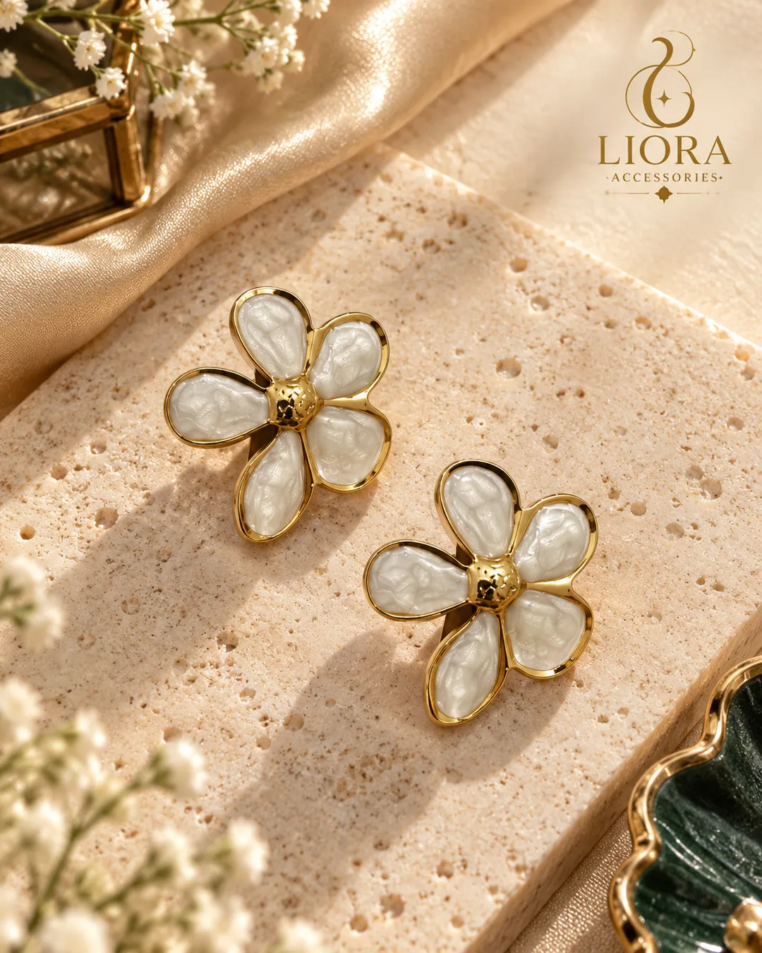 White Flower Petal Stud Earrings